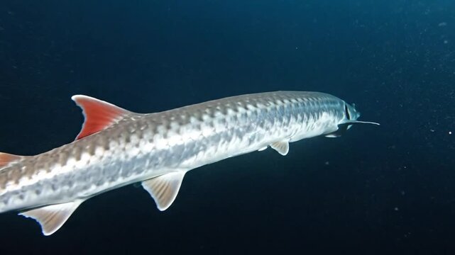 A sleek fish with a long body, swimming in dark waters, showcasing its scales and fins