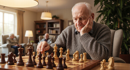 Elderly man playing chess in senior home lounge with thoughtful expression