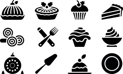 Variety of dessert pastry products in black silhouette icons design