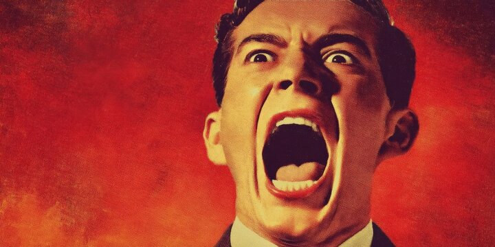 Vintage 1950s Retro Horror Portrait of Man in Fear with Dramatic Halloween Background