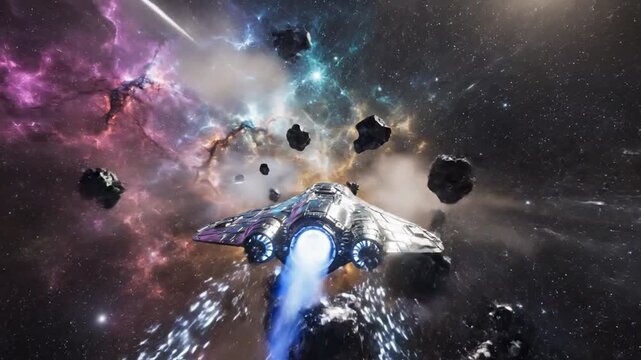 A sleek, metallic spacecraft speeds through a vibrant nebula, dodging space debris. Streaks of light pierce the void