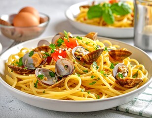 Clam pasta with tomatoes and parsley arranged in a bowl, eggs in bowl, and more pasta visible behind