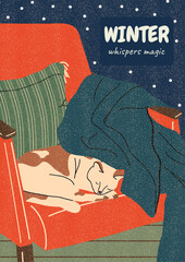 A cozy winter illustration with a cat sleeping on a chair under a blanket, and a snowy night sky visible in the background. Seasonal, holiday, and hygge-themed designs. Flat vector postcard.