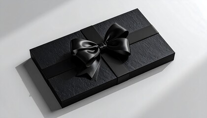 Elegant, textured black gift box with satin ribbon and bow, bathed in soft, diffused light creating subtle shadows