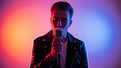 Young Male Singer Performing with Vintage Microphone in Colorful Neon Lighted Studio