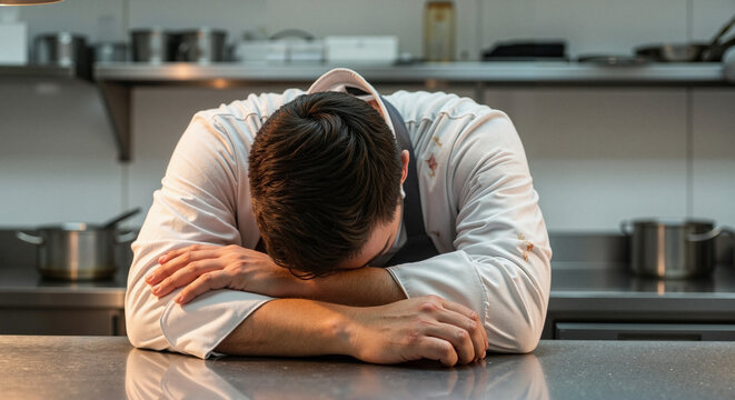 Exhausted chef leaning forward on stainless steel kitchen counter  