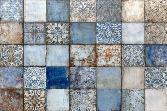 A textured surface of assorted square tiles with a vintage distressed appearance featuring intricate floral patterns and solid color sections in blue and beige tones