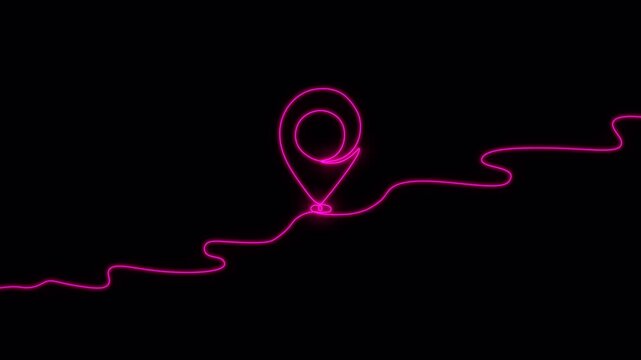 Video. Neon single line map symbol, business location point. Pin location, geomark continuous editable line drawing. GPS navigation and travel concept. Animation on a black background 4K.