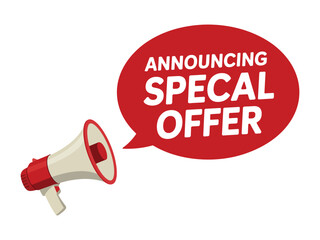 Announcing a special offer with a megaphone and speech bubble graphic.