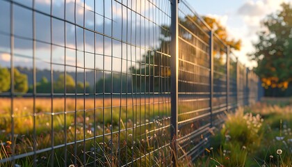 Fenceline with wild grasses under an evening sun, golden light shining through the wires, soft focus background