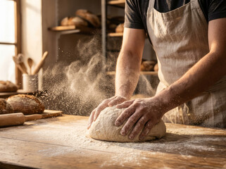 Boulanger artisan pétrissant une pâte à pain farineuse dans une boulangerie chaleureuse, ambiance authentique et gourmande