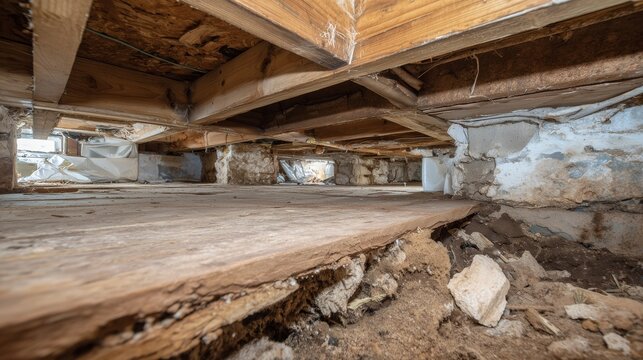 Low, damp crawl space with wooden beam and joist decay, foundation wall and soil showing need for crawl space repair 292e28fd-5863-4e48-80fa-74765d3.