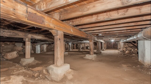 Technician inspecting and repairing wooden joist in a damp crawl space, representing crawl space repair service and foundation repair.