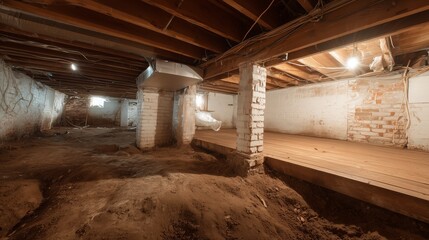 Worker performing crawl space repair and maintenance, insulated duct, wooden joist, dirt floor, support pier, vapor barrier prepping, moisture control and structural inspection.