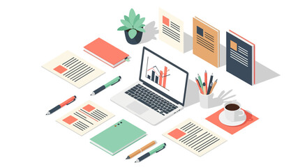 Modern isometric workspace with laptop, documents, and office supplies