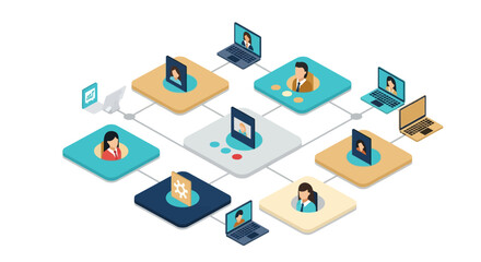 Obraz premium Isometric virtual meeting concept with laptops and diverse participants in colorful squares