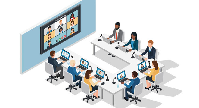 Remote team collaboration in a modern conference room with virtual meeting - Powered by Adobe