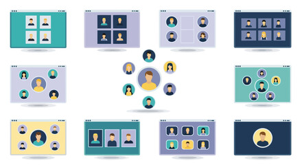 Group video call interface set featuring diverse avatars in flat design