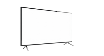 A sleek, modern smart tv with an ultra-thin black bezel and blank white screen on a grey stand, against a transparent background with copy space. Concept of digital potential