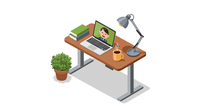 Isometric home office desk setup with laptop, lamp, and coffee cup for remote work inspiration