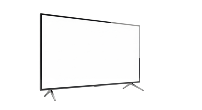 A sleek, modern smart tv with an ultra-thin black bezel and blank white screen on a grey stand, against a transparent background with copy space. Concept of digital potential