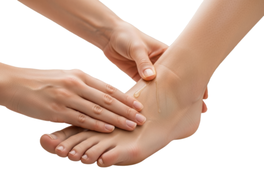 Human hands with neutral skin tone and neat nails delicately touch a well-groomed foot in a serene, minimalist wellness space with a soft towel, natural stone, and oil drop, concept of gentle