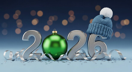 Image of 2026 with metallic number, green bauble, blue hat, silver ribbon. Represents upcoming New Year, celebration, holiday, or winter season
