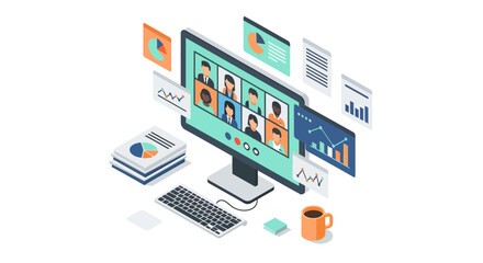 Virtual meeting on computer monitor with floating charts and graphs in isometric style