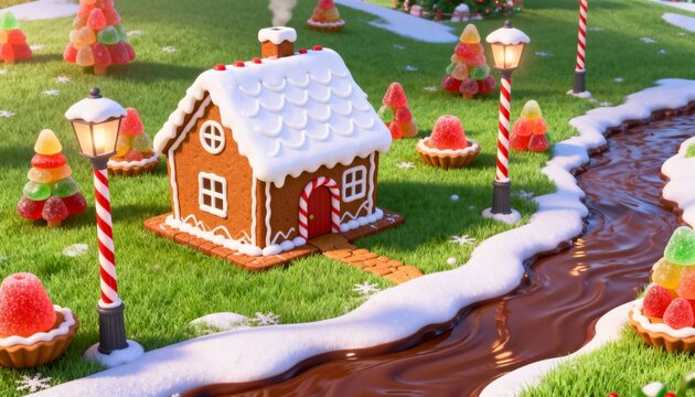 Whimsical gingerbread house and candy land landscape with chocolate river playful Christmas 3D render