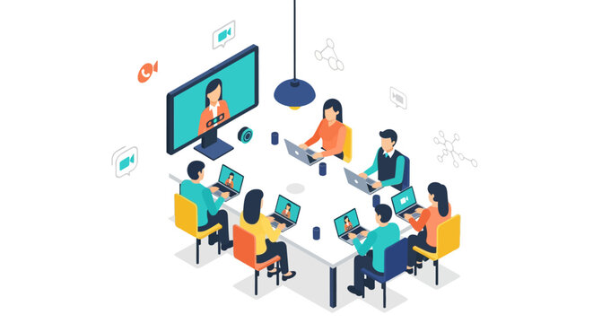 Remote team collaboration in modern workspace with video conference technology