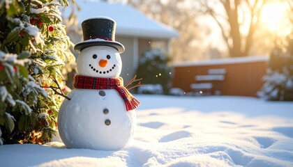 Obraz premium A cheerful snowman wearing a top hat and scarf stands in a sunlit, snow-covered yard, creating a festive winter wonderland scene