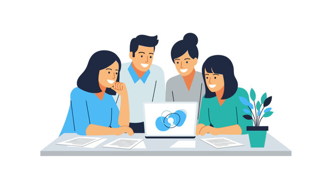 Team collaboration meeting with laptops and diagrams in modern office setting