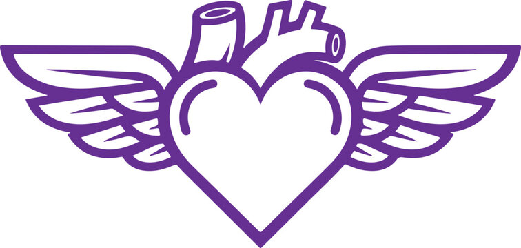 Purple winged heart with anatomical detail outline vector illustration