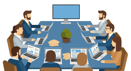 Diverse team in business meeting analyzing data on laptops around conference table