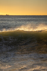 golden light on breaking wave, bright morning rays highlight intricate motion and details of surf