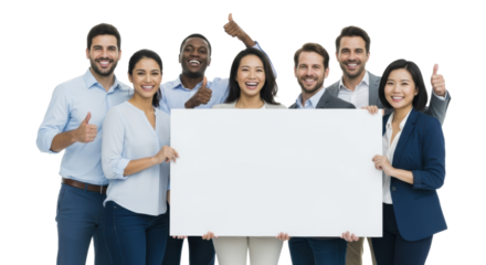 Multi-ethnic group (mid-20s-late 40s) in professional-casual attire holding blank white sign, smiling, against a transparent studio background. Concept of unified business success