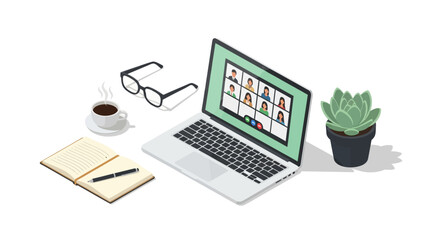 Isometric laptop workspace with video conference on screen and office essentials