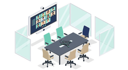 Modern office meeting room with virtual conference setup in isometric style