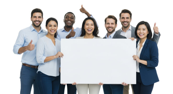 Multi-ethnic group (mid-20s-late 40s) in professional-casual attire holding blank white sign, smiling, against a transparent studio background. Concept of unified business success