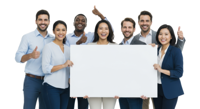Multi-ethnic group (mid-20s-late 40s) in professional-casual attire holding blank white sign, smiling, against a transparent studio background. Concept of unified business success - Powered by Adobe