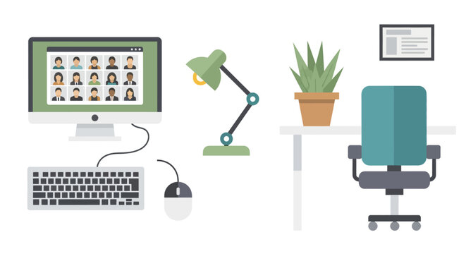 Home office setup with video conference and workspace essentials in flat design