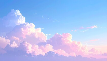 Dreamy pastel clouds float serenely across a light blue sky, evoking a sense of peacefulness and ethereal beauty