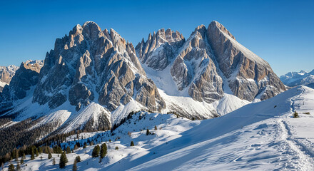 Scenic view of majestic, snow-capped mountain peaks under a clear blue sky, representing adventure, nature, and winter travel destination