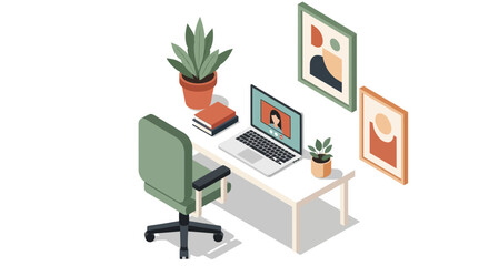 Fototapeta premium Modern home office with laptop and plants in isometric style