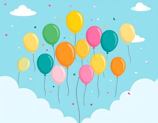 Colorful balloons float in a light blue sky with puffy white clouds and confetti