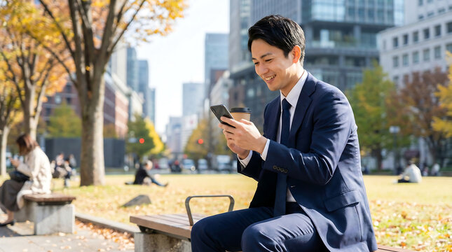 Smiling Japanese businessman using a smartphone in a park autumn leaves in the background for mobile communication and outdoor work