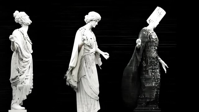 Ancient White Marble Sculptures with Graceful Drapery: Artistic Display of Timeless Heritage and Classical Figurative Art on Black Background - Iconic Museum Collection