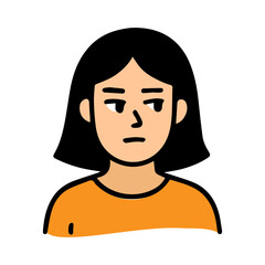 Side eye look female doodle character. Displeased, unhappy emotion avatar. Suspicious facial expression.