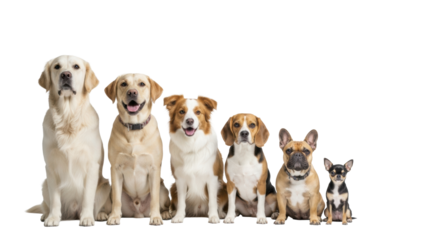 Six dogs (Golden Retriever, Labrador, Border Collie, Beagle, French Bulldog, Chihuahua) aligned largest to smallest, attentive, white studio, high-key, concept of diversity, unity, teamwork