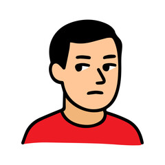 Side eye look doodle male character. Displeased, unhappy emotion avatar. Suspicious facial expression.